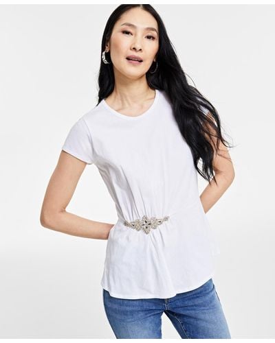 INC International Concepts Embellished-waist Cotton T-shirt - White