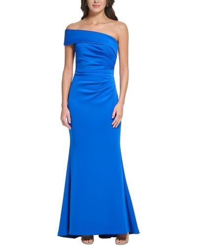 Eliza J Asymmetric-neck Side-pleat Scuba Gown - Blue