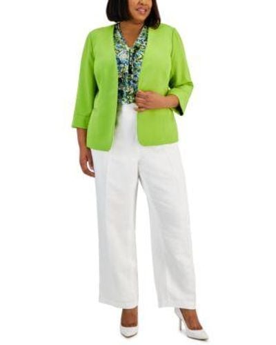 Kasper Plus Size Stretch Crepe Jacket Printed Knot Front Blouse Pull On Pants - Green