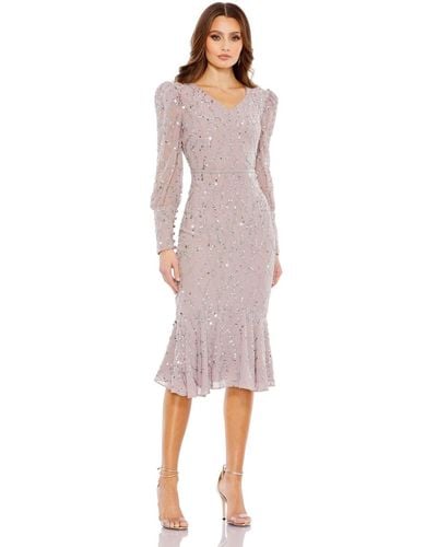 Mac Duggal Sequined V Neck Illusion Long Sleeve Trumpet Dress - Pink