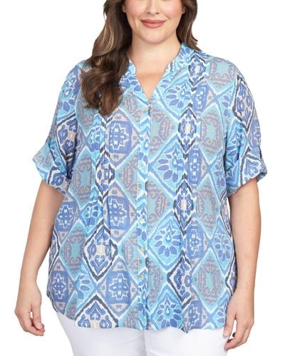 Ruby Rd. Plus Size Woodblock Diamond Print Button Front Top - Blue