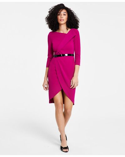 Calvin Klein 3/4-sleeve Belted Tulip Dress - Pink