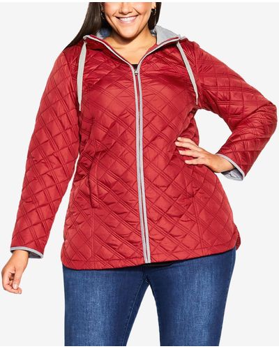 Avenue Plus Size Multi Stitch Quilted Coat - Red