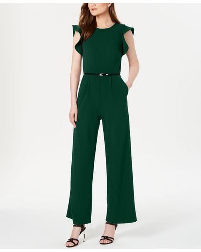 Calvin Klein Belted Ruffle-sleeve Jumpsuit, Regular & Petite Sizes - Green
