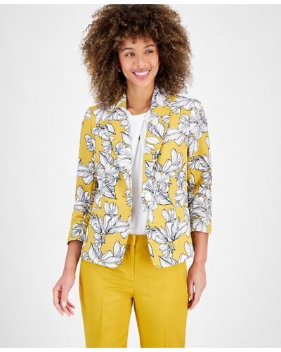 Kasper Floral-print 3/4-sleeve Textured Jacket - Yellow