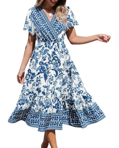 CUPSHE Floral Print Surplice Ruffled Midi Beach Dress - Blue