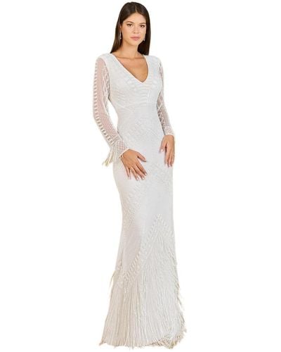 Lara Long Sleeve Fringe Bridal Gown - White