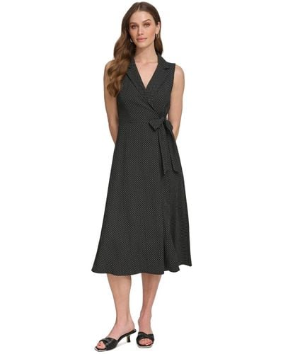 DKNY Printed Tie-waist Sleeveless A-line Dress - Black