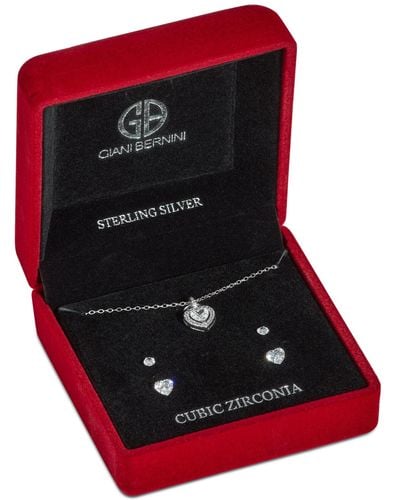 Giani Bernini 3-pc. Set Cubic Zirconia Heart Halo Pendant Necklace & Two Pair Solitaire Stud Earrings - Metallic