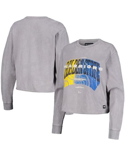 The Wild Collective Distressed Golden State Warriors Band Cropped Long Sleeve T-shirt - Blue
