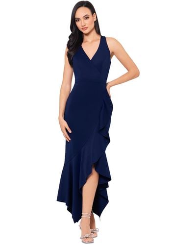 Xscape V-neck Sleeveless Ruffled High-low Dress - Blue
