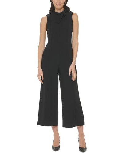 Calvin Klein Bow-embellished Mock Neck Cropped Wide-leg Jumpsuit - Black