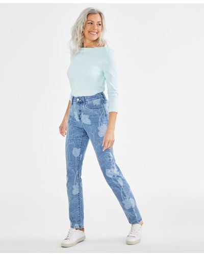 Style & Co. Petite Tulip Printed High Rise Natural Straight Jeans - Blue