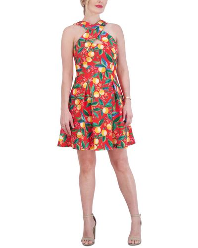 Vince Camuto Petite Printed High-neck Sleeveless Fit & Flare Dress - Red