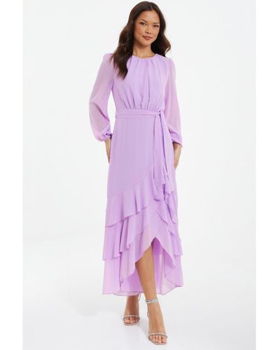 Quiz Chiffon Frill Detail Long Sleeve Midi Dress - Purple