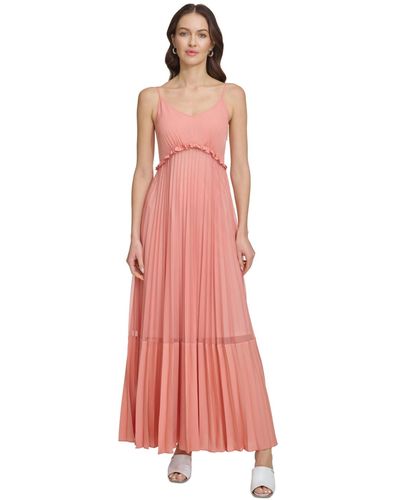 DKNY Solid Tiered Pleated Sleeveless Mesh Maxi Dress - Pink