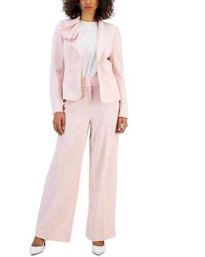 Nipon Boutique Asymmetrical Ruffled One-button Jacket & Wide-leg Pant Suit - Pink