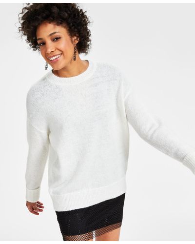 BarIII Fuzzy-knit Crewneck Sweater - White