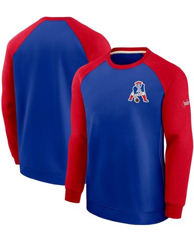 Nike Royal And Red New England Patriots Historic Raglan Crew Performance Sweater - Blue