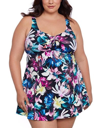 Swim Solutions Plus Size Floral-print Swim Dress - Blue