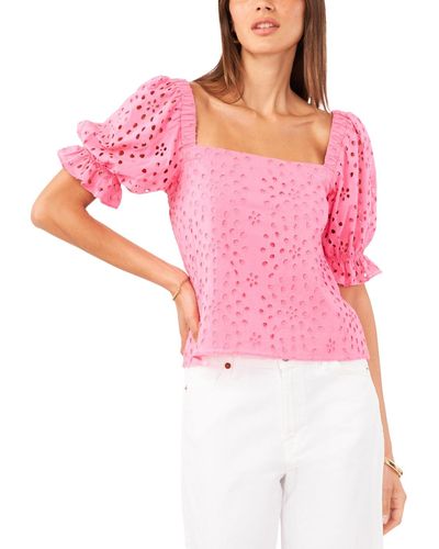 1.STATE Eyelet Puff-sleeve Square Neck Top - Pink