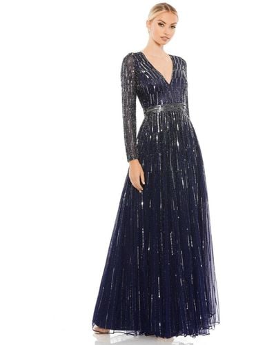 Mac Duggal Sequined V Neck Illusion Sleeve A Line Gown - Blue