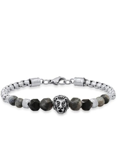 Steeltime Stainless Steel Curb Chain Link Bracelet And Black Or Gray Agate Stones - White