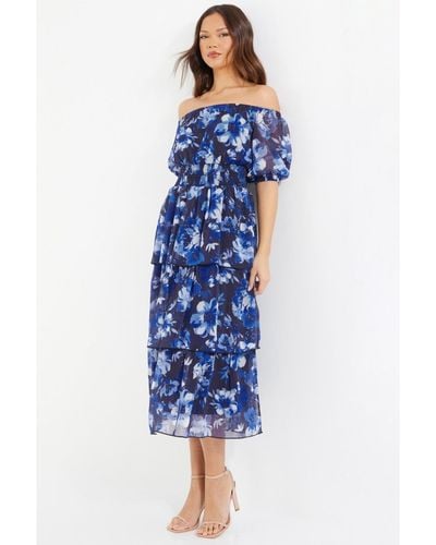 Quiz Chiffon Floral Bardot Tiered Midi Dress - Blue
