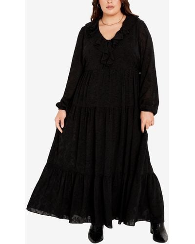 Avenue Plus Size Desired Ruffle Maxi Dress - Black