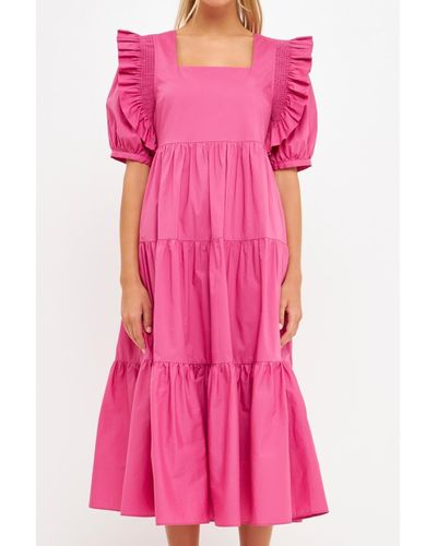 English Factory Square Neck Ruffle Smocked Detail Midi Dress - Pink