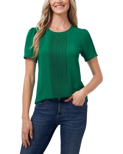 Cece Pintucked Front Short Sleeve Crew Neck Blouse - Green