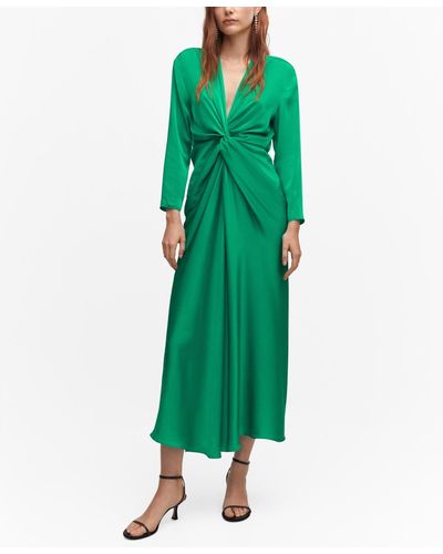 Mango Knot Detail Satin Dress - Green