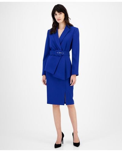 Tahari Belted Wrap Skirt Suit - Blue