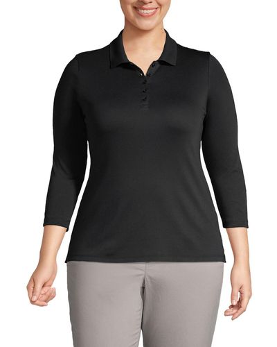 Lands' End Plus Size Supima Cotton 3/4 Sleeve Polo Shirt - Black