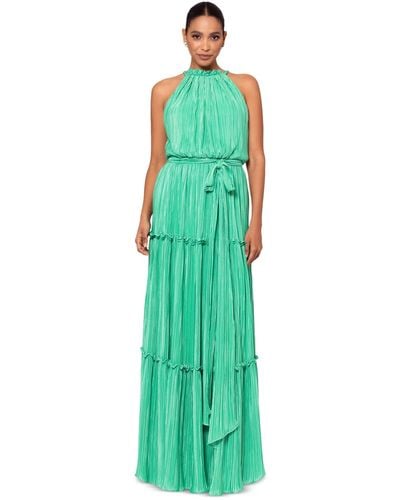 Betsy & Adam Pleated Halter Gown - Green