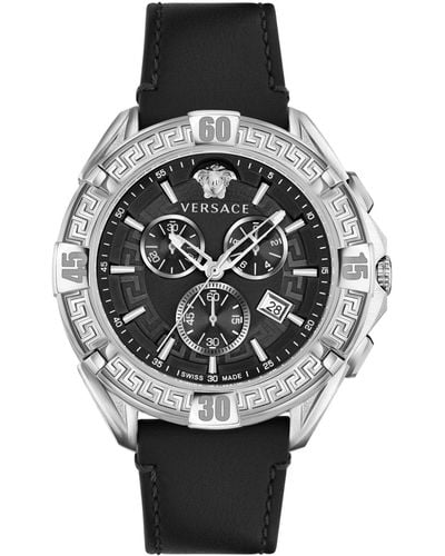 Versace Swiss Chronograph V-greca Black Leather Strap Watch 46mm