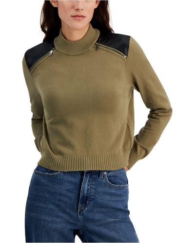 DKNY Faux Leather Trim Zipper Sweater - Green