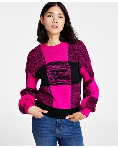 DKNY Box Plaid Long-sleeve Pullover Sweater - Pink