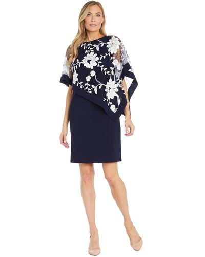 R & M Richards Floral-embroidered Poncho Dress - Blue