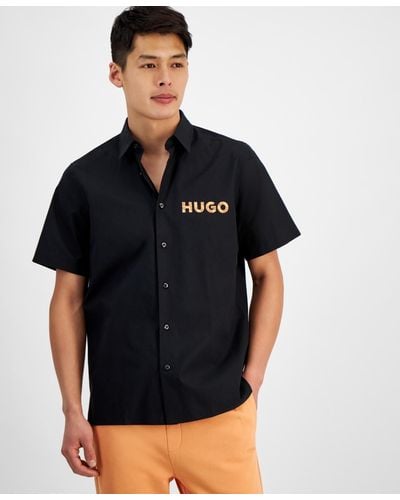 HUGO By Boss Relaxed-fit Logo-print Button-down Shirt - Black