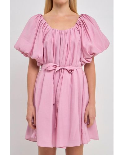 Endless Rose Pleated Detail Puff Sleeve Mini Dress - Pink