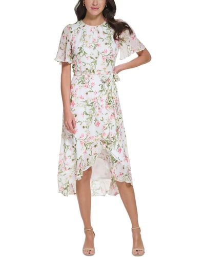 Jessica Howard Petite Printed Flutter-sleeve Faux-wrap Chiffon Dress - White