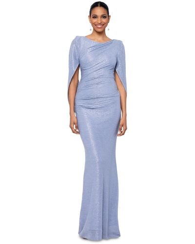 Betsy & Adam Petite Metallic Crinkled Cape Gown - Blue