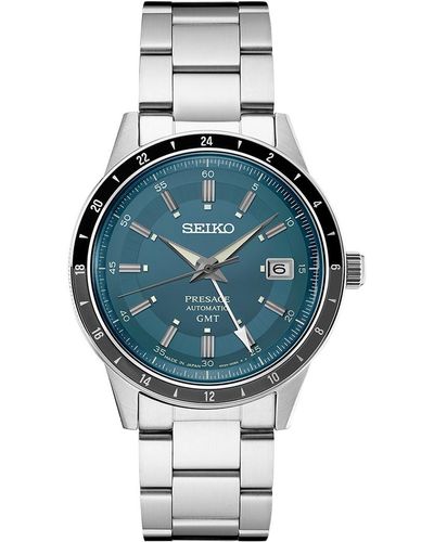 Seiko Automatic Presage Gmt Stainless Steel Bracelet Watch 41mm - Blue