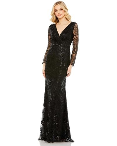 Mac Duggal Embellished Wrap Over Long Sleeve Gown - Black
