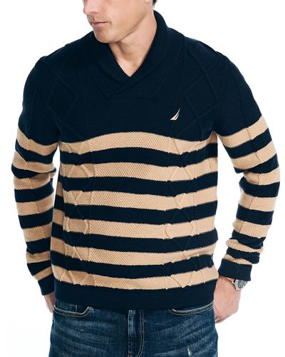 Nautica Shawl-neck Striped Cable-knit Sweater - Blue