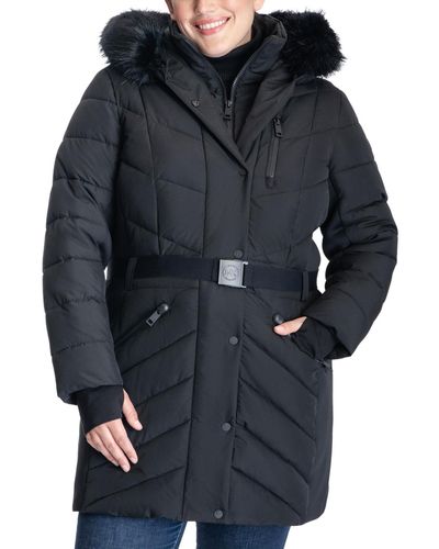 Michael Kors Michael Plus Size Belted Faux-fur-trim Hooded Puffer Coat - Black