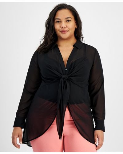BarIII Trendy Plus Size Tie-front Long-sleeve Blouse - Black