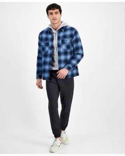 Sun & Stone Sun Stone Evans Plaid Shirt Jacket Hooded Sweater Articulated jogger Created For Macys - Blue