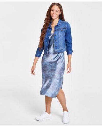 Calvin Klein Denim Trucker Jacket Charmeuse Bias Slip Dress - Blue